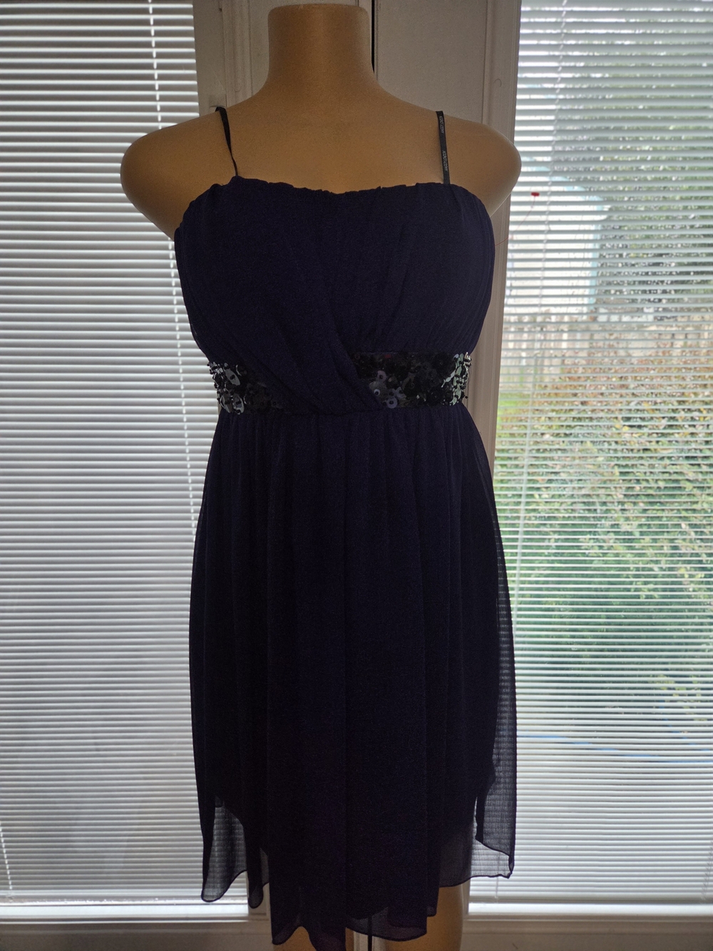 Maggy London Navy Strapless Chiffon Dress with Sequin Waist